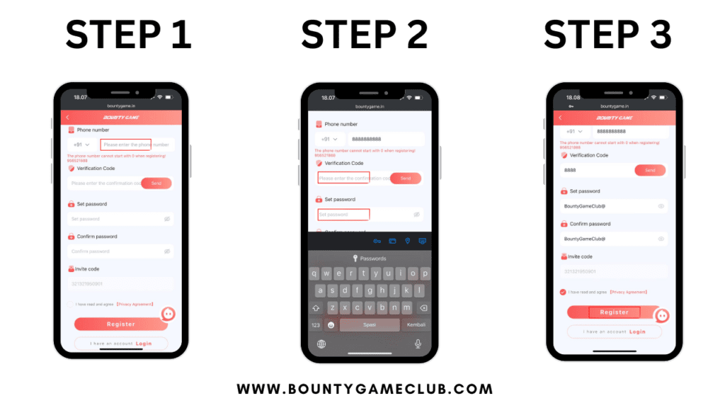 Step-by-step guide for Bounty Game registration, including phone number entry, account verification, and password creation