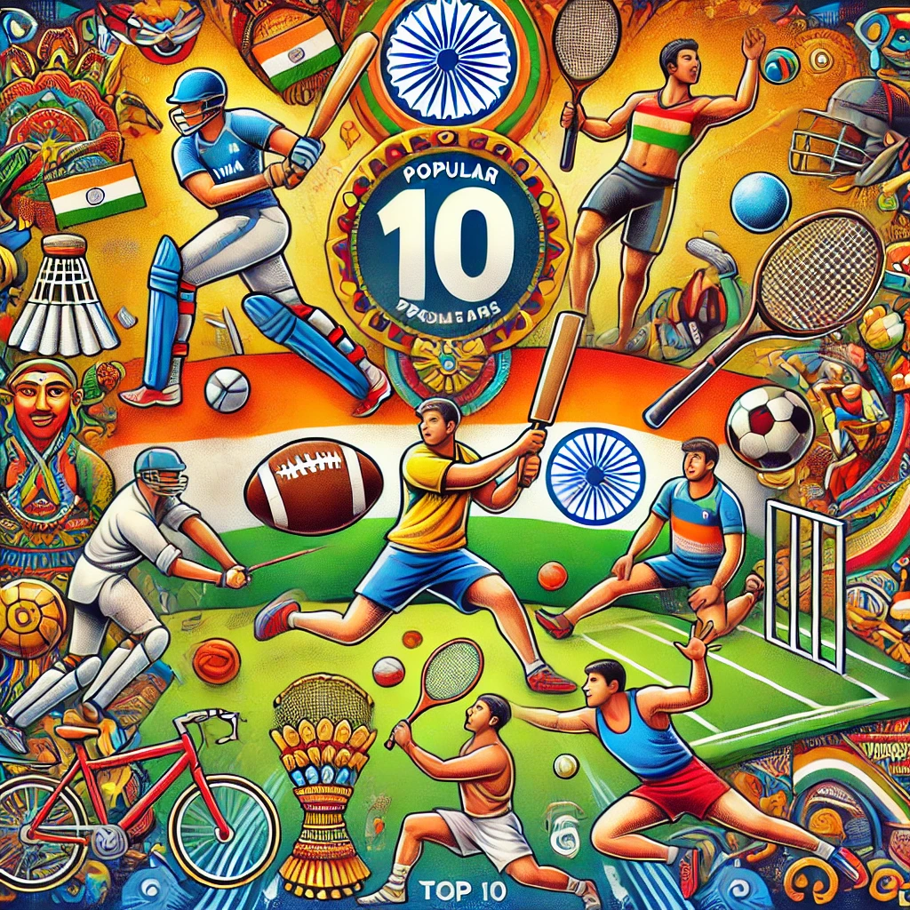 An artistic depiction of India's top 10 popular sports, featuring icons of cricket, football, kabaddi, badminton, and other favorite games