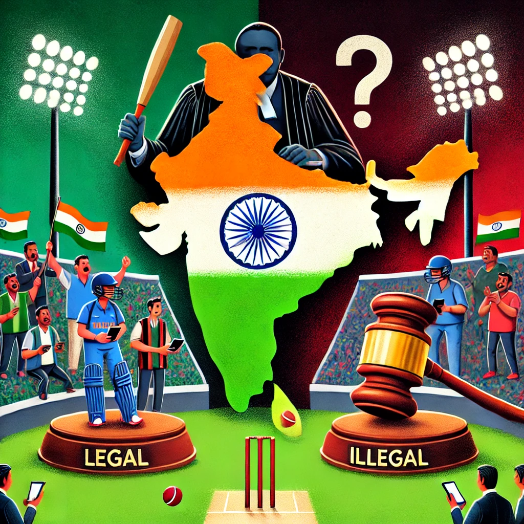 A conceptual illustration of cricket betting legality in India, showing a cricket stadium divided into two parts: one side bright and festive with people placing bets, symbolizing legal betting, and the other side dark and foreboding with broken cricket bats and warning signs, symbolizing illegality. The Indian map in the background highlights states with different laws using green and red zones.