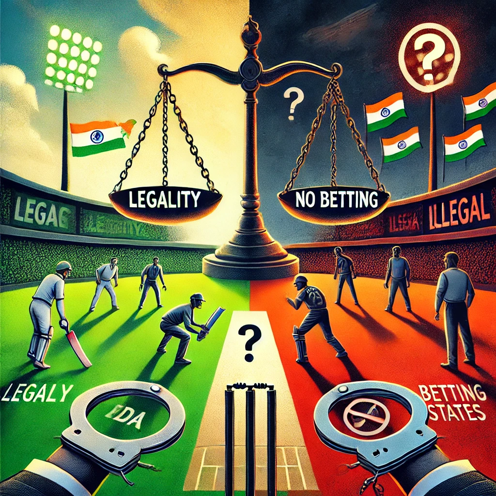 An illustration depicting the legal ambiguity of cricket betting in India, featuring a cricket field divided into two halves: one vibrant and celebratory, symbolizing legal betting, and the other dark and shadowy, symbolizing illegal activities. A map of India with green and red zones indicates the varied state laws, with a question mark in the background highlighting the uncertainty.

