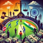 A conceptual image depicting the question of IPL betting legality in India, featuring a cricket field with players, legal symbols like law books and the Indian flag on one side, and shadowy figures with money and a 'no entry' sign on the other, under a dramatic twilight sky.