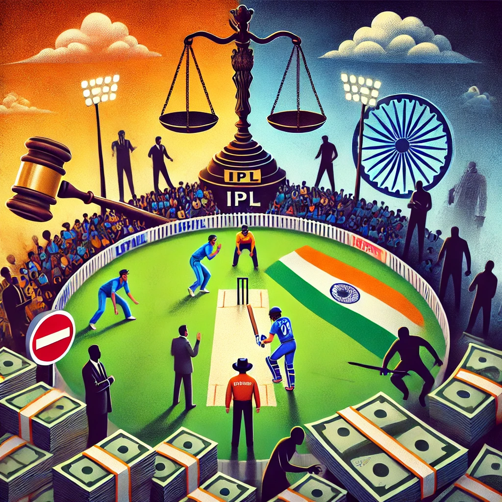 A conceptual image depicting the question of IPL betting legality in India, featuring a cricket field with players, legal symbols like law books and the Indian flag on one side, and shadowy figures with money and a 'no entry' sign on the other, under a dramatic twilight sky.