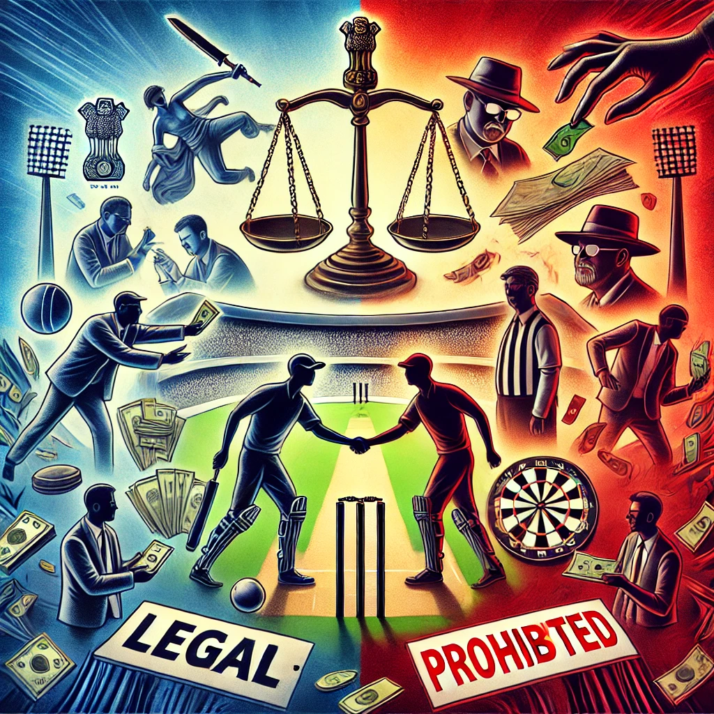 An illustration questioning the legality of IPL betting in India, showing a cricket stadium with players surrounded by contrasting symbols of law and illicit activities. On one side, legal elements like scales of justice and the Indian Constitution; on the other side, shadowy figures, money, and a 'prohibited' sign, with a gradient from daylight to darkness symbolizing duality.