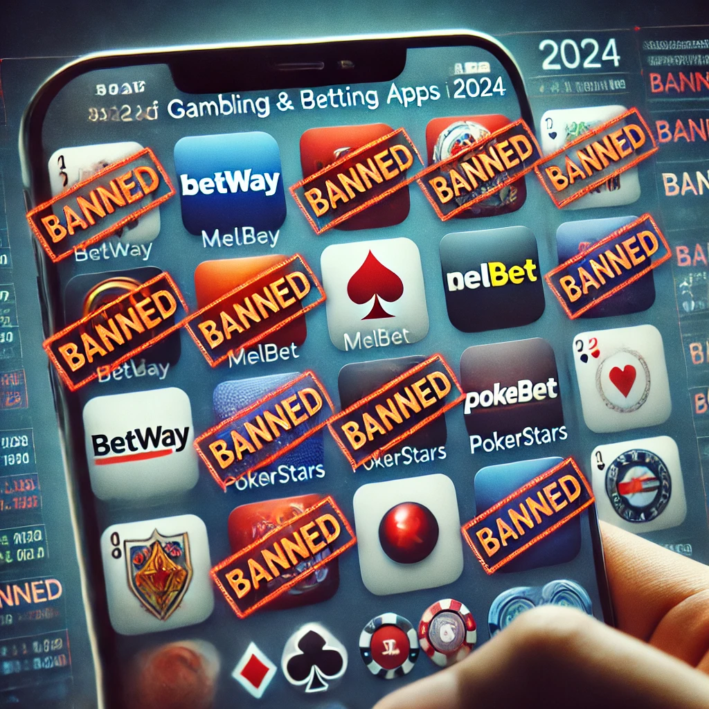 A modern infographic titled 'List of Apps Banned in India (2024)' featuring a smartphone with ban icons, vibrant colors like red and blue, and a blurred list of app names in the background, symbolizing digital restrictions