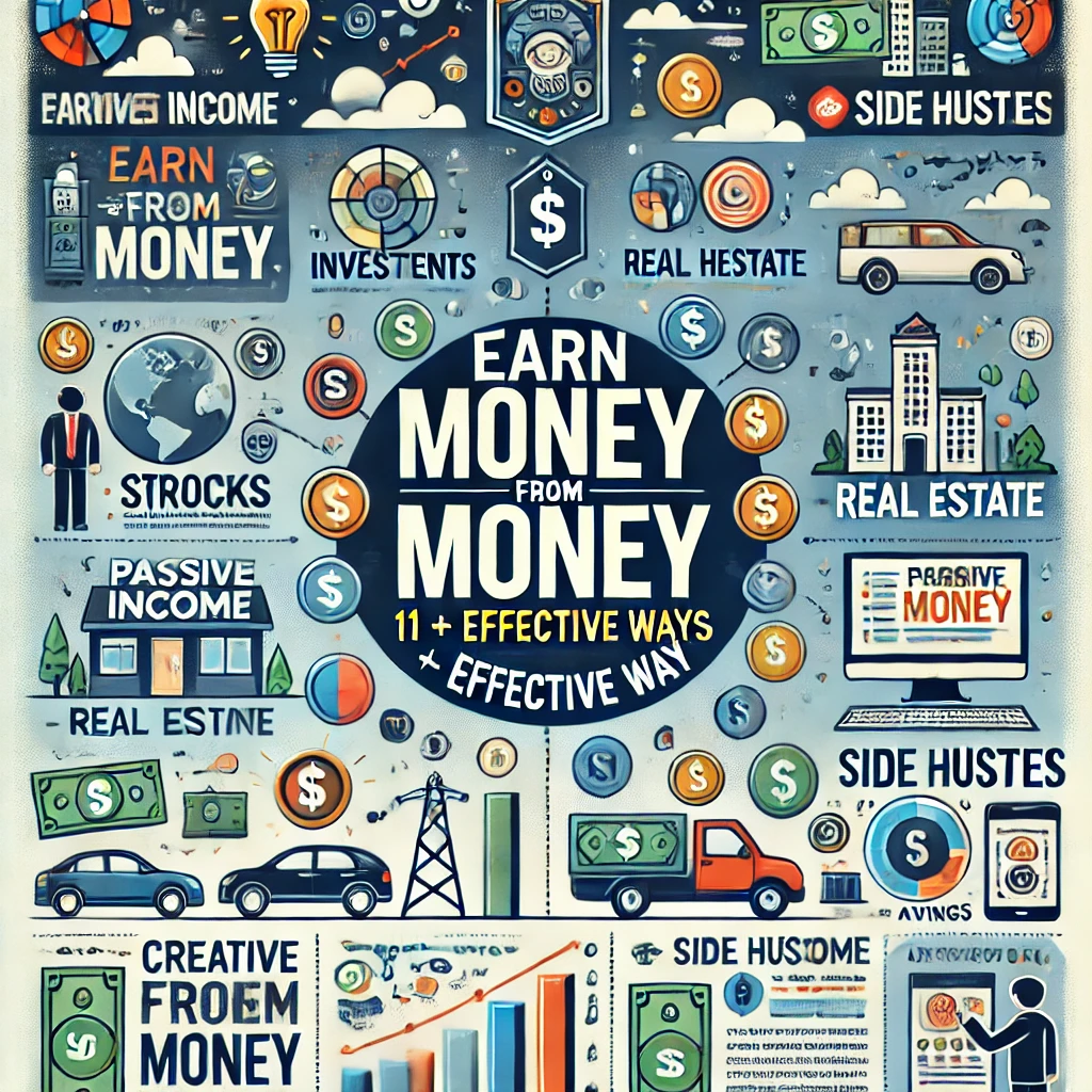 Illustration representing different ways to earn money, with icons symbolizing investments, savings, and business strategies.