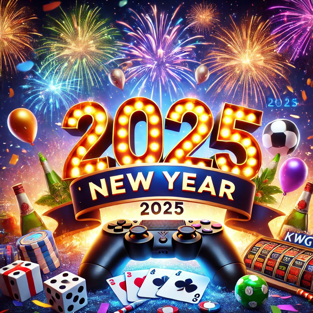 A vibrant New Year 2025 celebration with a diverse group of people playing the KWG Game in a stylish, modern living room. The room features festive decorations, including balloons, streamers, and a glowing neon 'Happy New Year 2025' sign, with fireworks visible through a large window.

