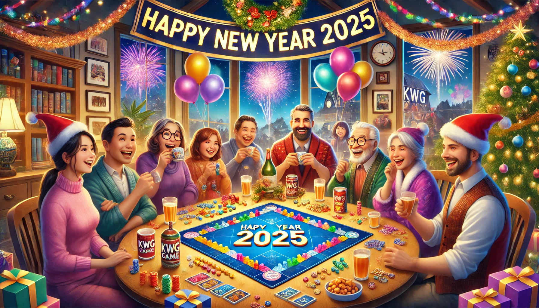 A lively New Year 2025 celebration with a diverse group of people enjoying a board game called KWG Game in a cozy, festively decorated living room. The scene includes balloons, streamers, a "Happy New Year 2025" banner, snacks, and a glowing fireplace, with fireworks visible through a window.