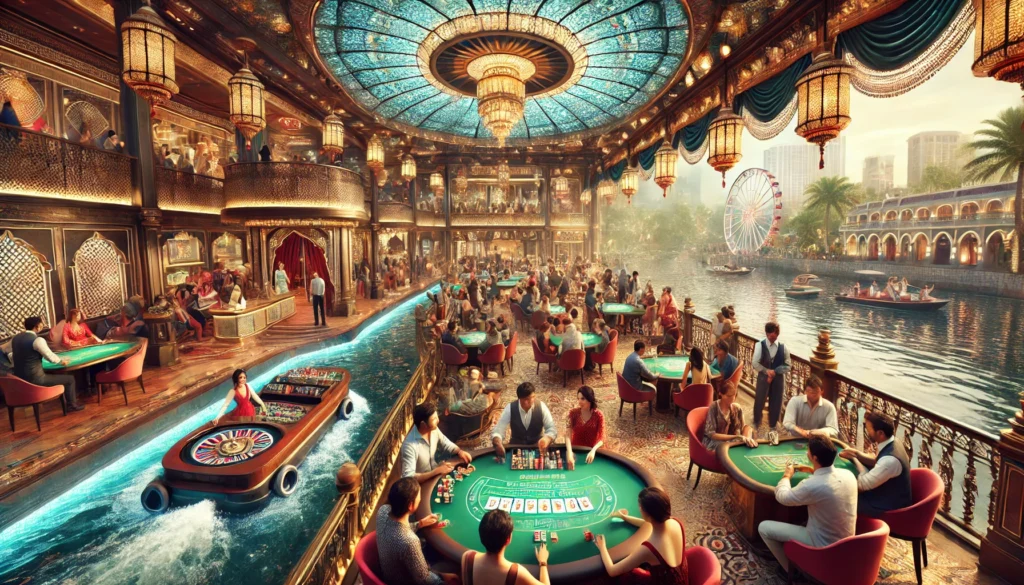 An illustrative depiction of casinos and gambling in India, highlighting a mix of traditional Indian cultural motifs and modern gaming elements, including slot machines, card tables, and vibrant neon-lit interiors, symbolizing the evolving gambling scene in the country.
