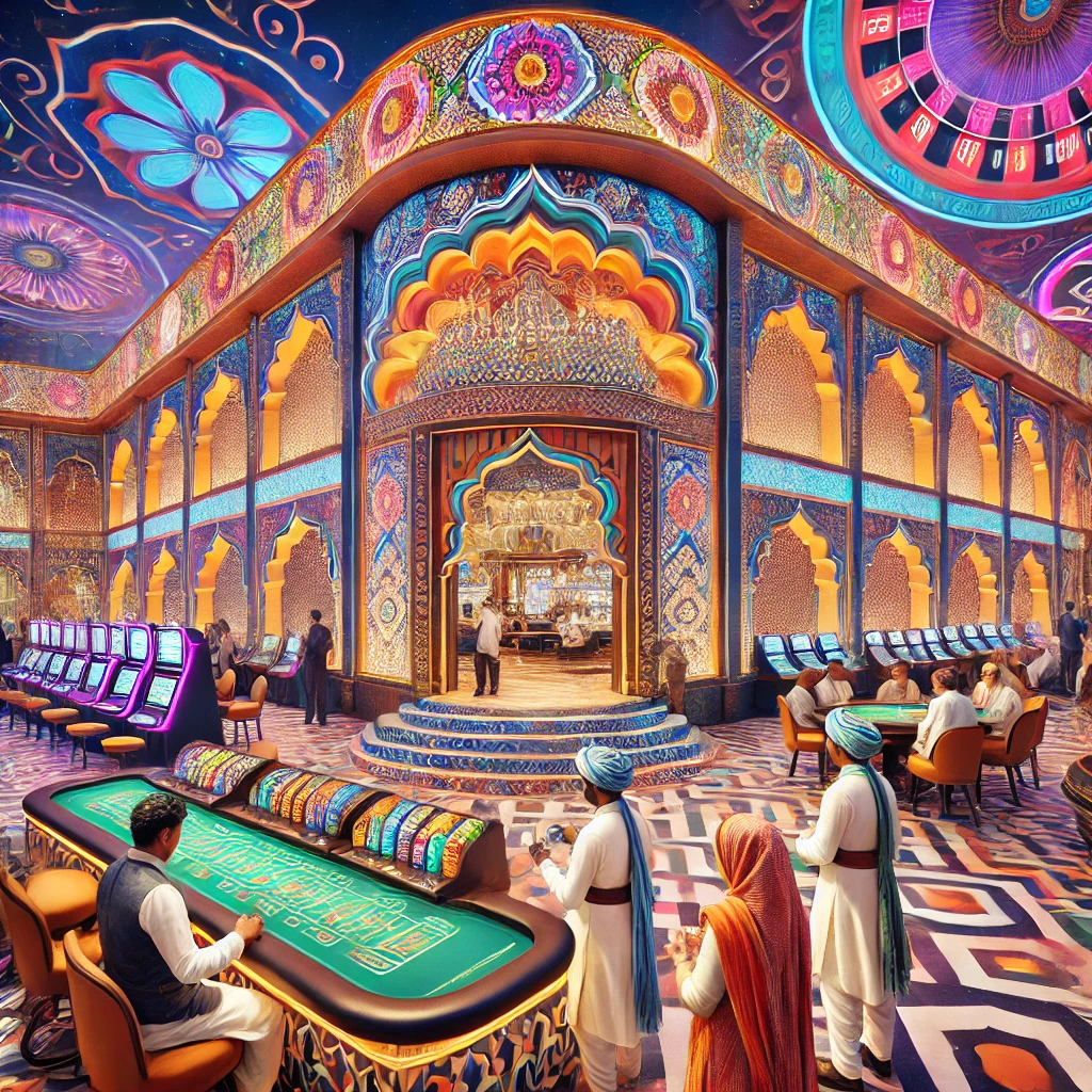 A vibrant Indian casino with a mix of traditional Indian architecture and modern casino design, featuring neon lights, intricate patterns, colorful slot machines, card tables, and people enjoying gambling activities.