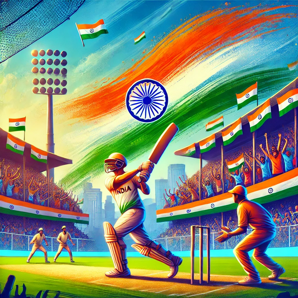 A lively cricket stadium in India with a batsman swinging his bat, fans waving Indian flags in the stands, and a bowler preparing to deliver the ball, showcasing the excitement and passion for cricket.

