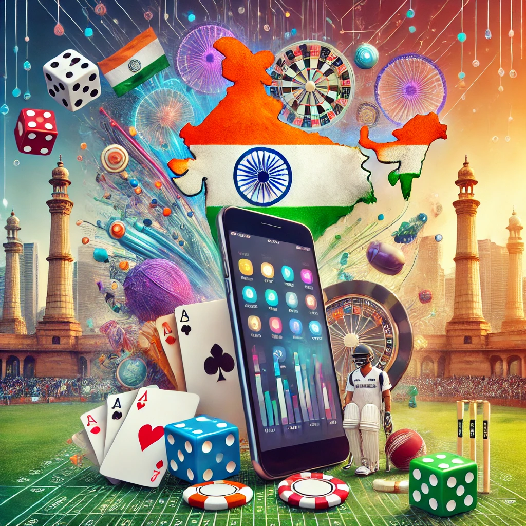 An illustration highlighting the concerns of India's online gambling sector, featuring a map of India in the background with glowing icons of mobile devices, casino symbols like dice and poker chips, and a shadowy figure symbolizing regulatory challenges and addiction risks.

