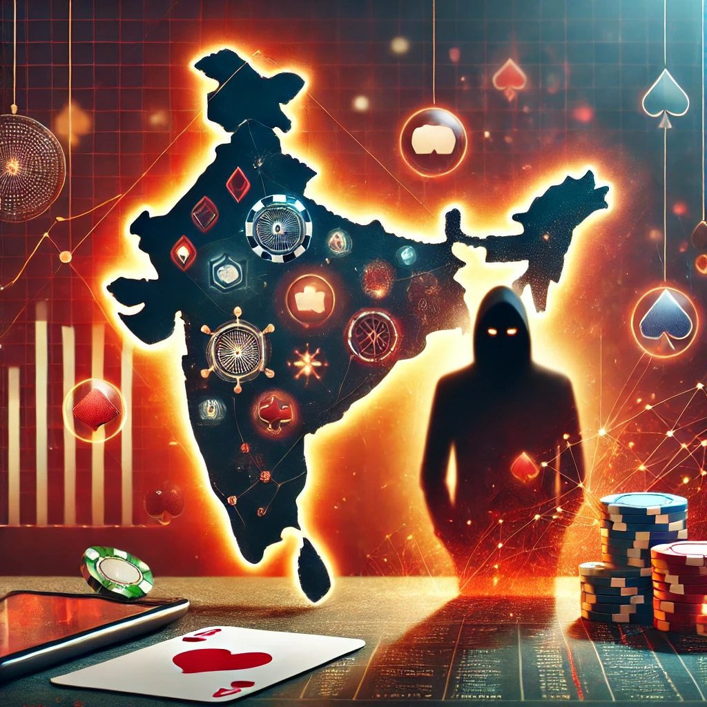 An illustration showing a silhouette of a person looking at a smartphone, with glowing casino symbols like cards, dice, and chips emerging from the screen. The background features a faint map of India with warning signs, shaded in a gradient of red and dark tones, symbolizing the challenges and risks of online gambling.