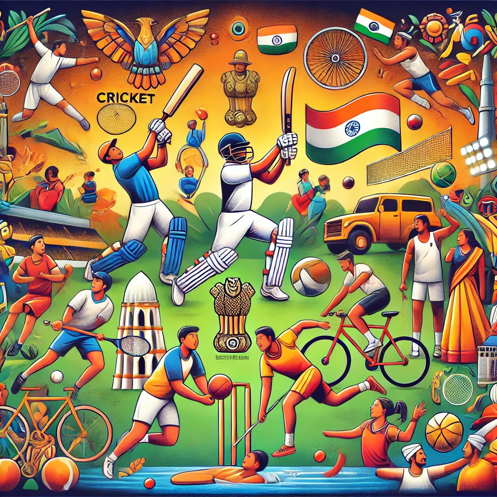 A vibrant illustration showcasing the top 10 popular sports in India, featuring cricket, hockey, football, badminton, kabaddi, and more